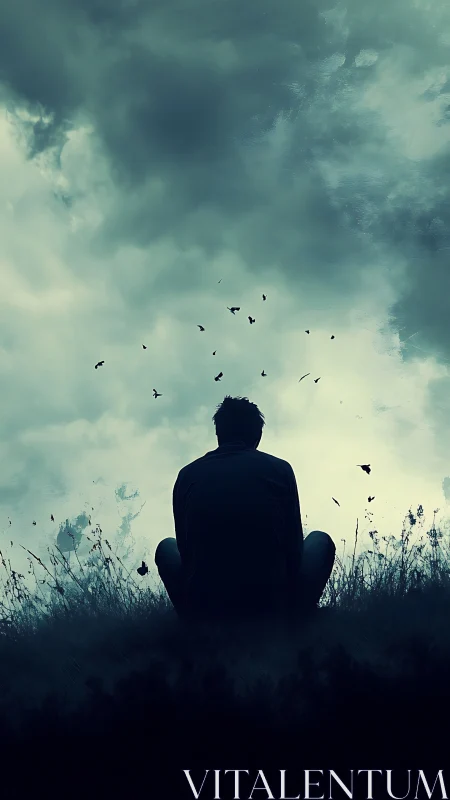 Solitary figure observes overcast sky in moody digital study