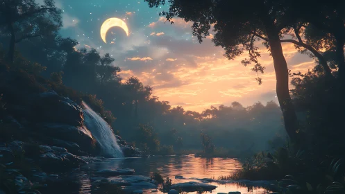 Crescent moon over forest river with waterfall at dusk.