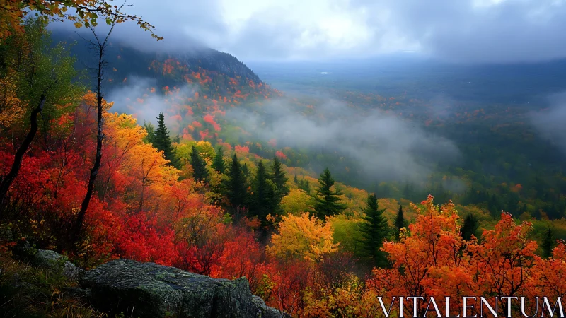 Autumn forest hillside with fog over distant valley view.