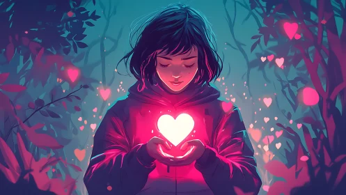 A Girl Holds a Glowing Heart Full of Love and Hope