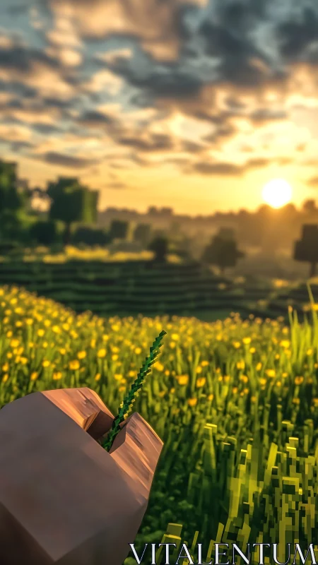 Voxel hand holds blade in sunset meadow landscape scene.