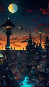 Futuristic river city under large moon at dusk sky.