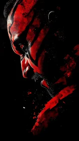 Red and black painted male profile in stark darkness.