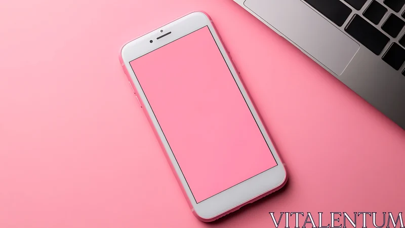 White smartphone with blank pink screen displayed on pink surface