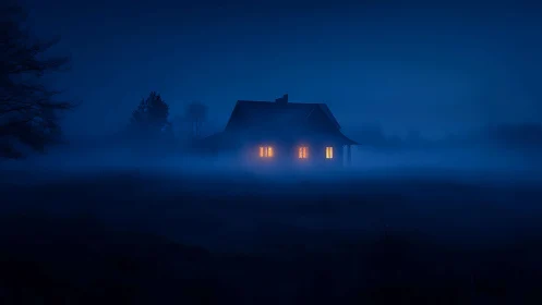 Isolated rural house glows through dense nocturnal ground fog