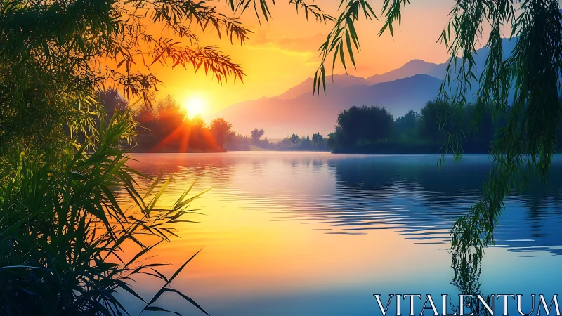 Calm lakeside sunrise framed by trees and distant hills.