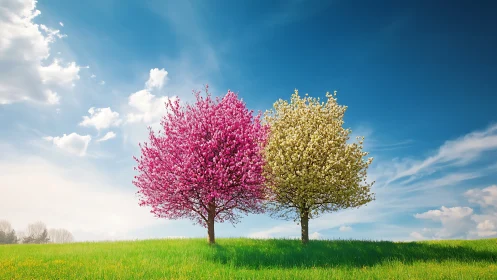 Twin blossom trees trade colors under a wide spring sky