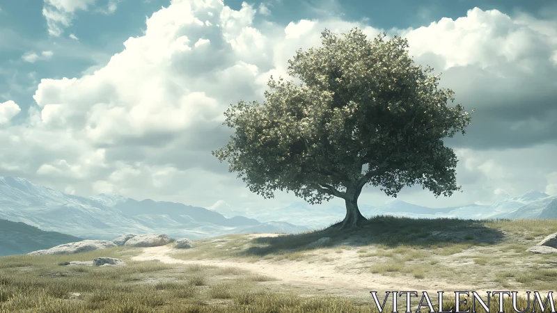 Solitary hilltop tree beneath roaming storybook clouds.