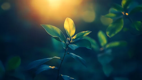 Backlit leaf stem in shallow depth field under warm sunset glow