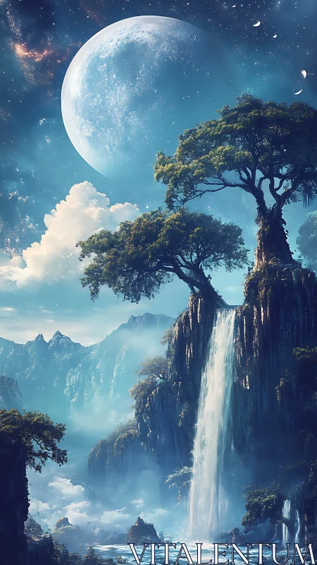 Moonlit waterfall world invites quiet wonder and gentle awe