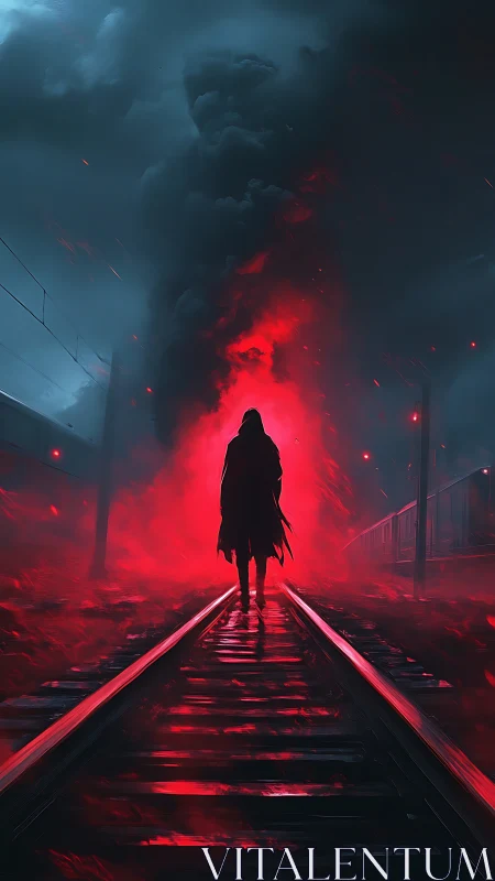 Hooded figure on burning rails under stormy night sky.