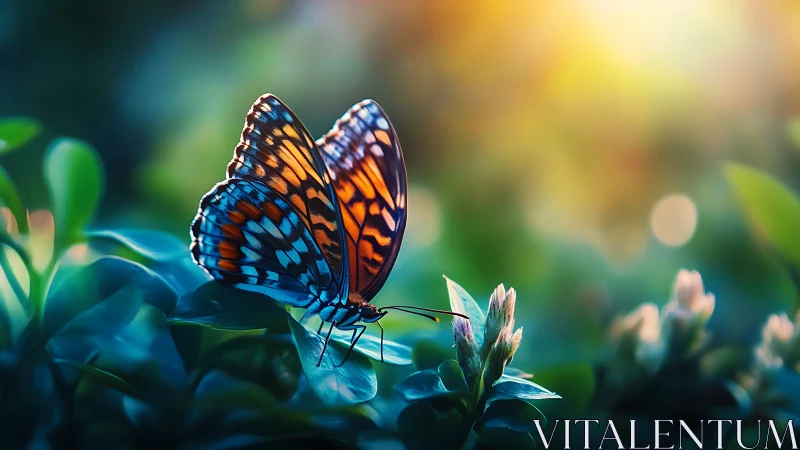 Iridescent butterfly rests on foliage in cinematic backlight