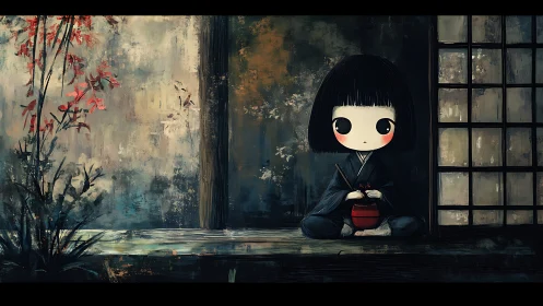 Chibi girl in kimono at weathered Japanese shoji doorway