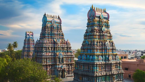 Multi-tiered South Indian temple towers in urban setting.