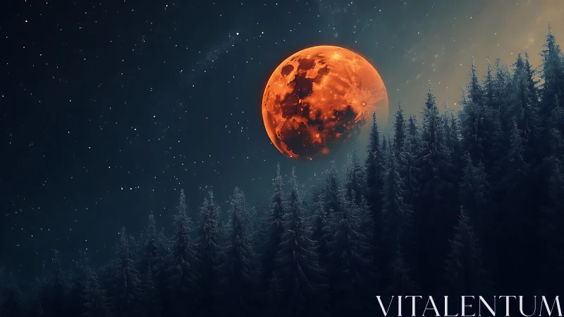 Luminous crimson moonrise over frost-laden conifer canopy.