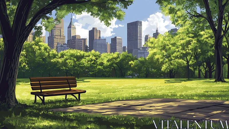 Sunlit city park bench beneath trees and skyline view.