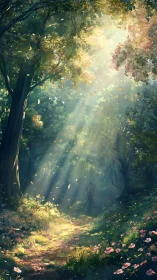 Luminescent Forest Glade with Crepuscular Light Rays and Deciduous Canopy