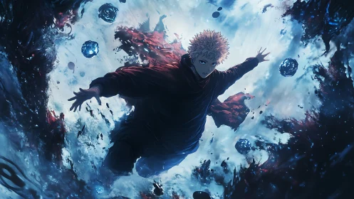 Male figure suspended in swirling blue and black vortex.