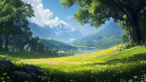 Sunlit alpine meadow opening toward distant snowy peaks.