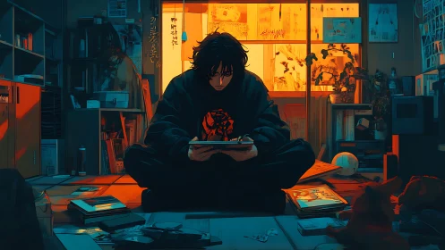 Solitary manga artist studies pages under dramatic bicolor light