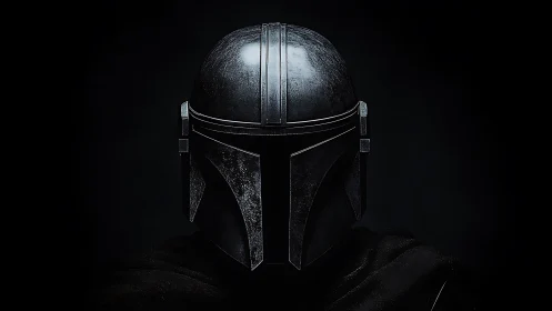 Stoic sci fi warrior in gleaming dark metal helmet.