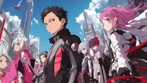 Futuristic anime team in cityscape with high-rise towers.