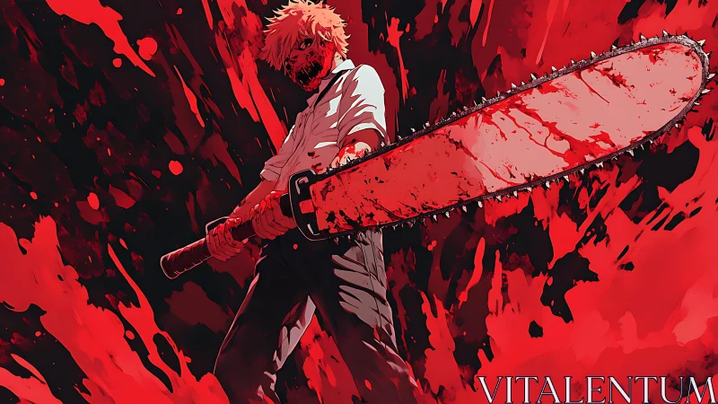 Chainsaw-armed figure stands amid red abstract background