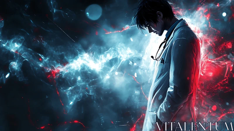 Stoic doctor stands in neon storm of red and cyan light.