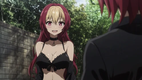 Streetside encounter with red-haired anime girl in black top.