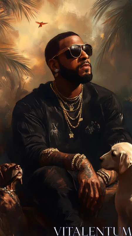 Stylish man in gold jewelry seated with two dogs outdoors.