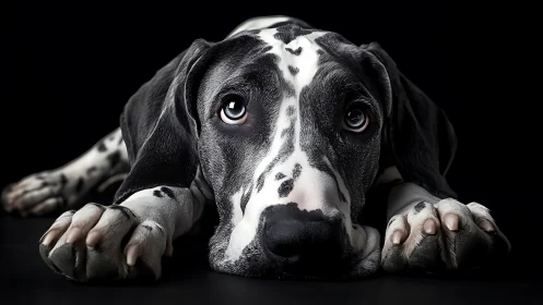 Black and white Great Dane puppy lying on dark studio floor.
