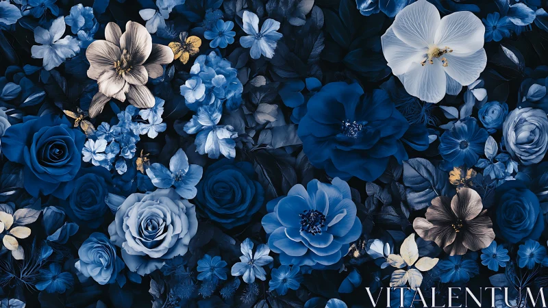Deep blue floral composition featuring layered roses, peonies, and accent blooms with golden details