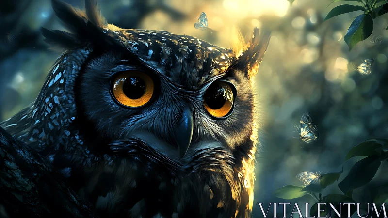 Majestic owl in enchanted forest with glowing eyes, digital art style.