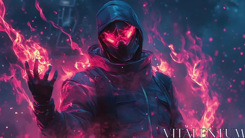 Hooded fire mage commands neon flames in frozen night