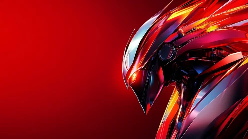 Red chrome robotic helmet on vivid gradient background.