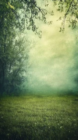 Misty meadow under overhanging foliage rendered in soft focus