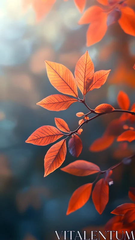 Backlit vermilion foliage with soft bokeh abstraction.