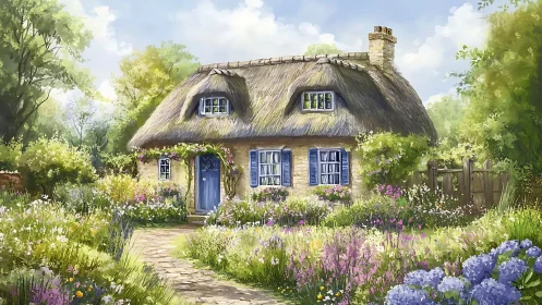 Sunlit thatch-roof cottage cradled by wildflower whispers.