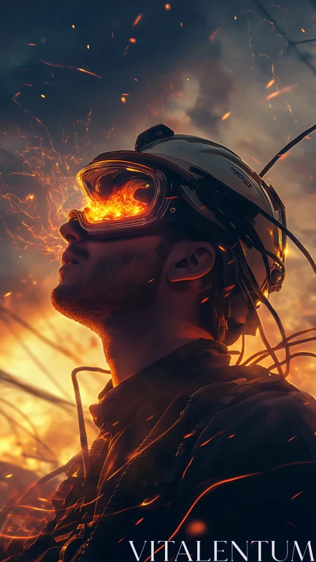 Cybernetic firefighter gazes into blazing augmented vision