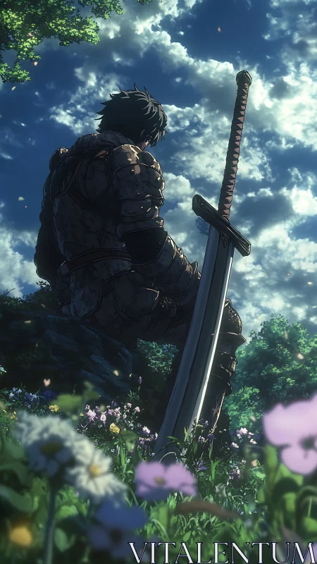 Armored warrior seated with greatsword in flowering meadow.