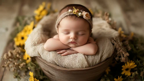 Peaceful Newborn Sleeping in Cozy Basket with Floral Crown