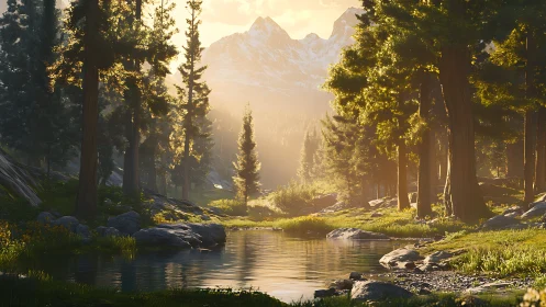 Sunlit alpine river through dense pine forest at dawn.