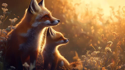 Sunlit fox family pausing together in a golden meadow.