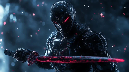 Armored cybernetic swordsman with emissive red katana in motion