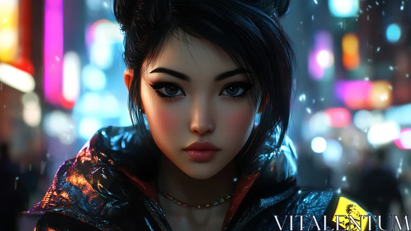 Neon rain drapes a cyberpunk heroine in midnight focus.