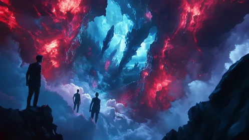 Wanderers Beneath the Neon Rift Sky of Shattered Dawn.