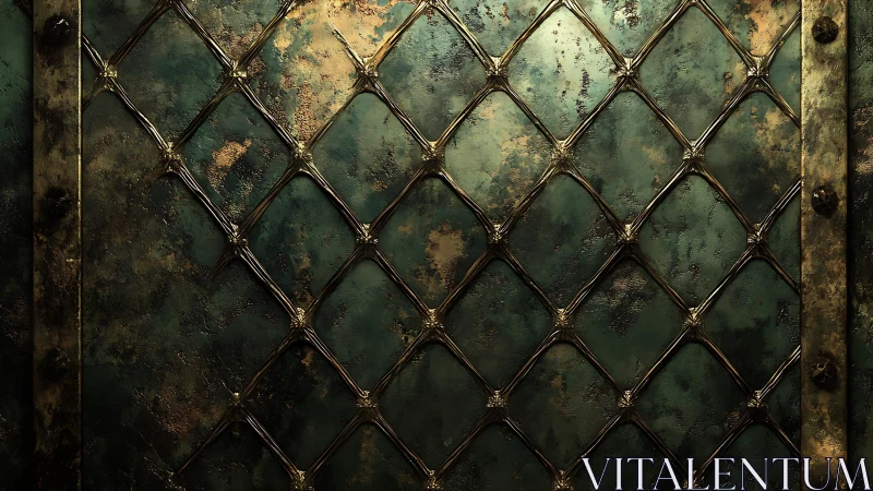 Weathered metal lattice over oxidized green surface pattern.