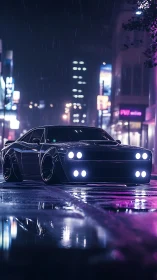 Cyberpunk muscle car in neon-soaked nocturnal streetscape.