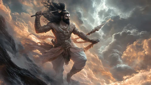 Mythic warrior strides through stormlit heavens in fury