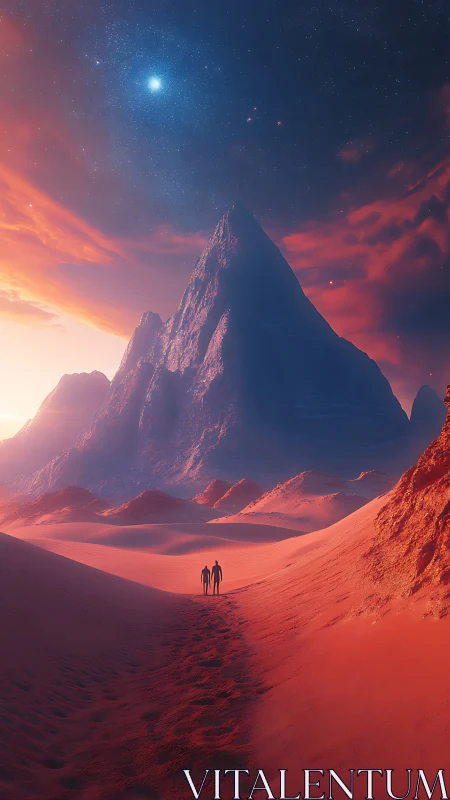 Twin travelers cross a crimson desert toward a starlit peak